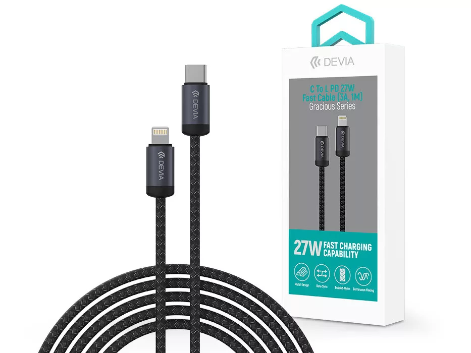 DEVIA USB 2.0 Type C Lightning Töltő/adat Fekete 1m ST101722