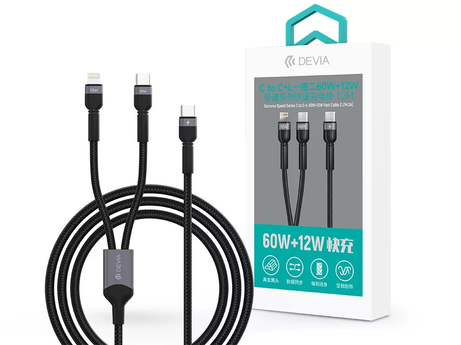 DEVIA USB 2.0 Type C Lightning + USB Type C Töltő/adat Fekete 1.2m ST111653