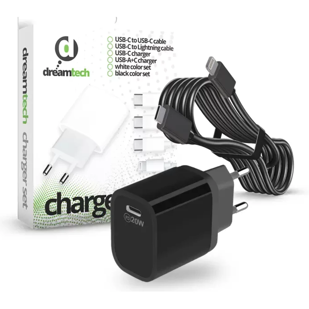 DREAMTECH PD Charger Set USB-C 20W-os adapterrel és USB-C/Lightning kábellel FEKETE
