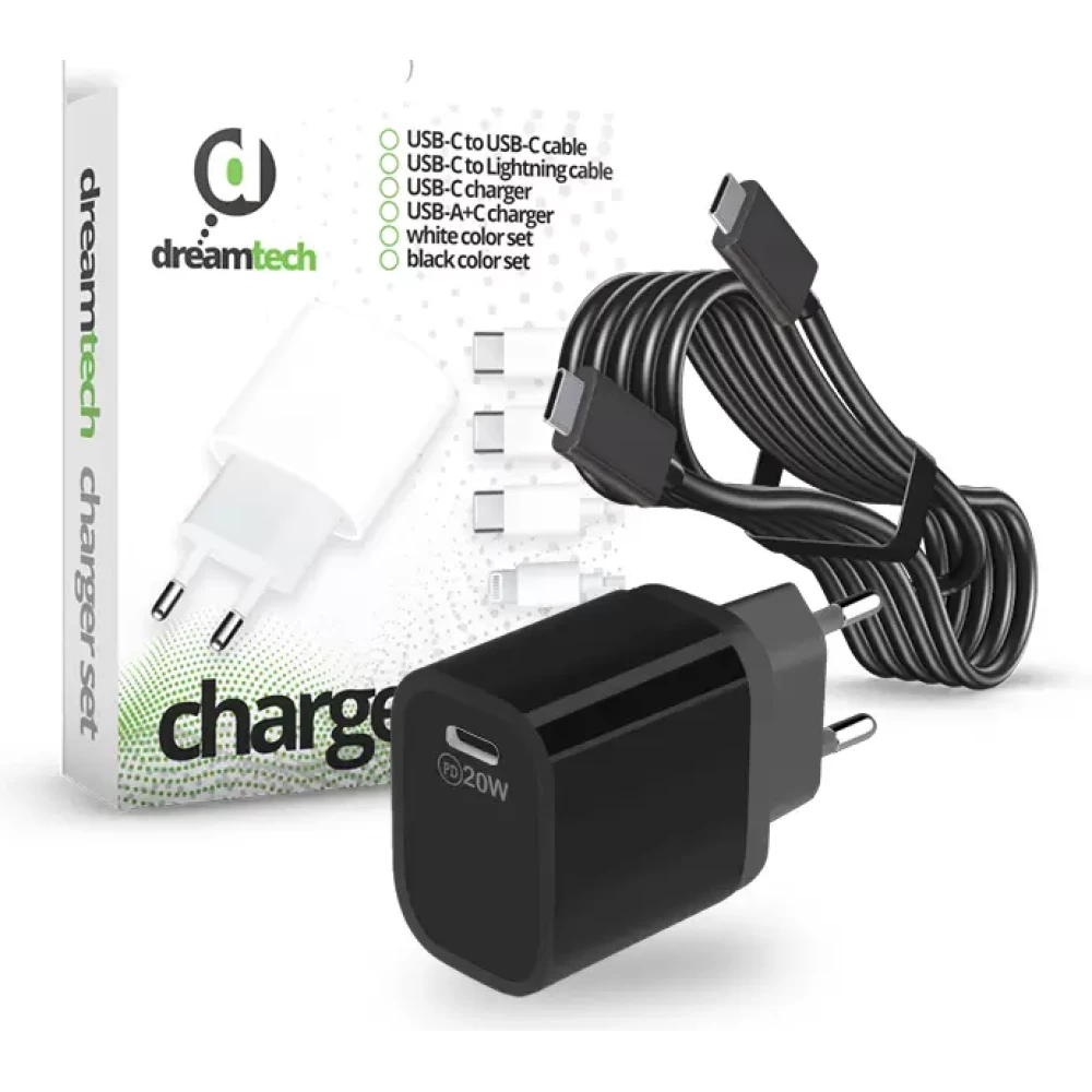 DREAMTECH PD Charger Set USB-C 20W-os adapterrel és USB-C/USB-C kábellel FEKETE