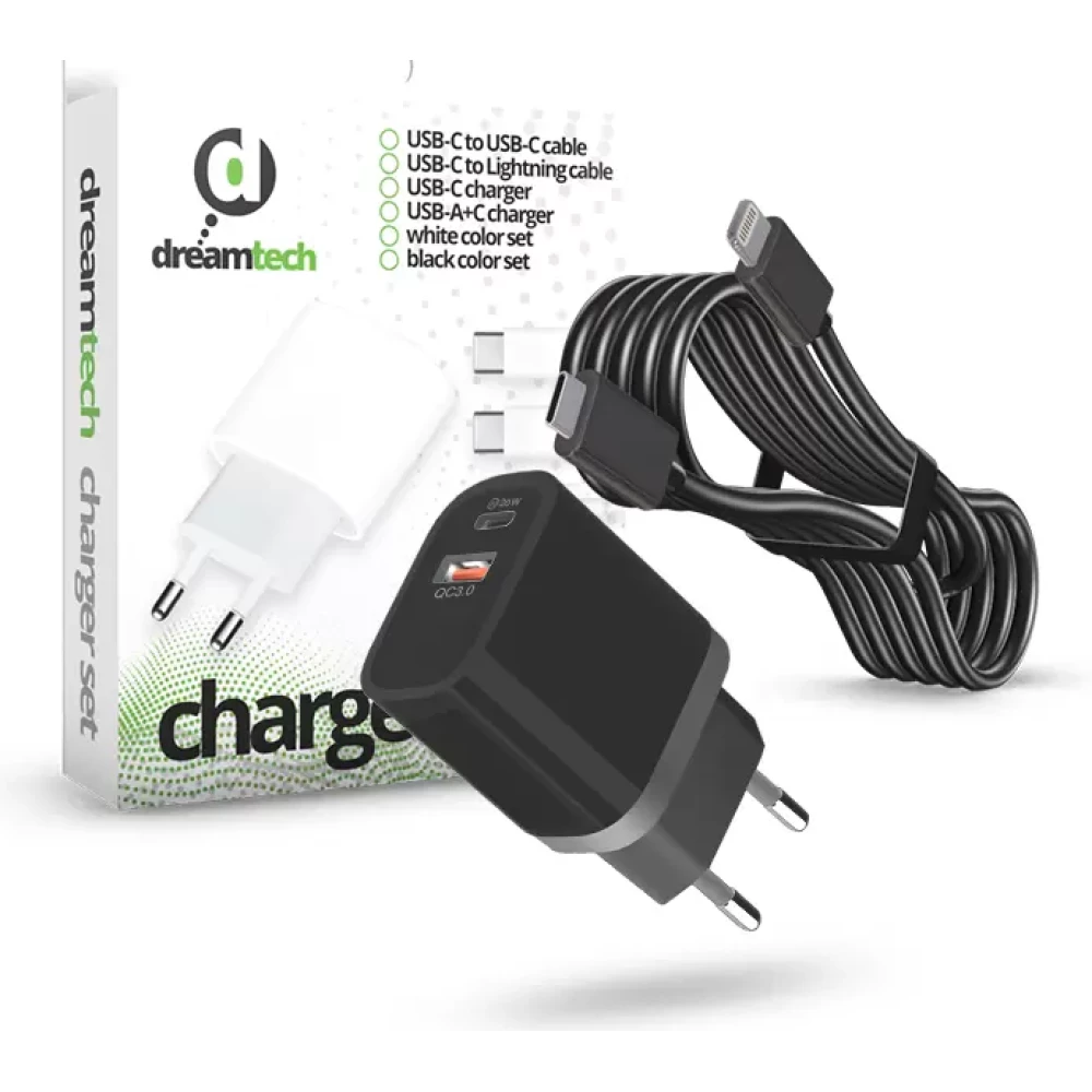 DREAMTECH PD Charger Set USB-C+A 20W+QC3.0-s adapterrel és USB-C/Lightning kábellel FEKETE