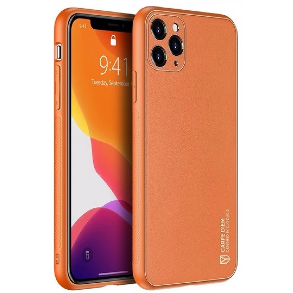 DUX DUCIS Yolo Bőrhatású műanyag hátlaptok szilikon fémhatású keret iPhone 11 Pro Max narancssárga