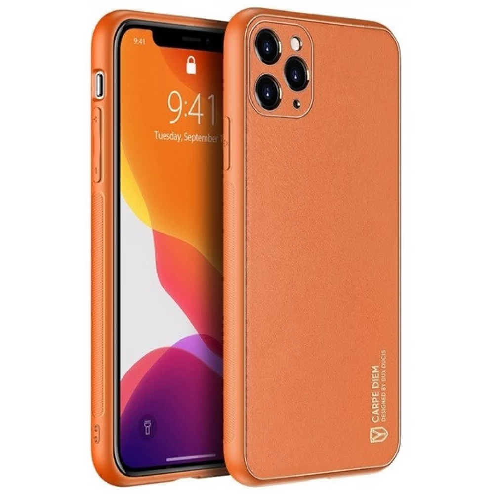 DUX DUCIS Yolo Bőrhatású műanyag hátlaptok szilikon fémhatású keret iPhone 12 Pro Max narancssárga