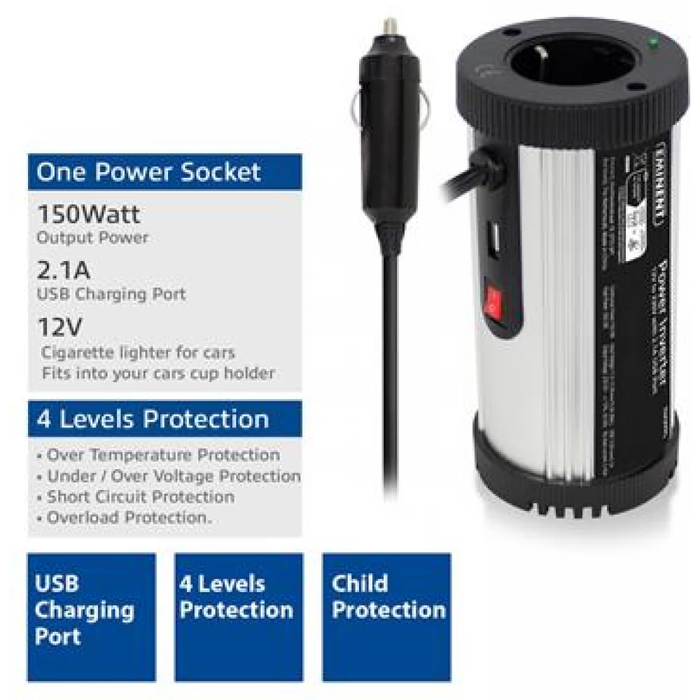 EMINENT EM3995 150W-os 12V-230V-os áramátalakító 2.1A USB-A porttal