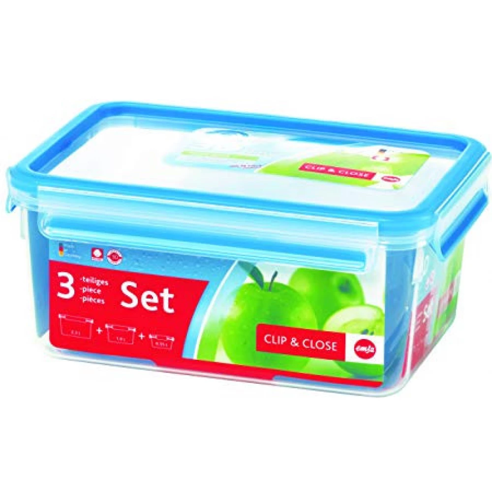 Emsa 3100508566 Clip & Close élelmiszerdoboz készlet 3 db (0.55 literes 1.0 literes 2.3 literes) átlátszó / kék