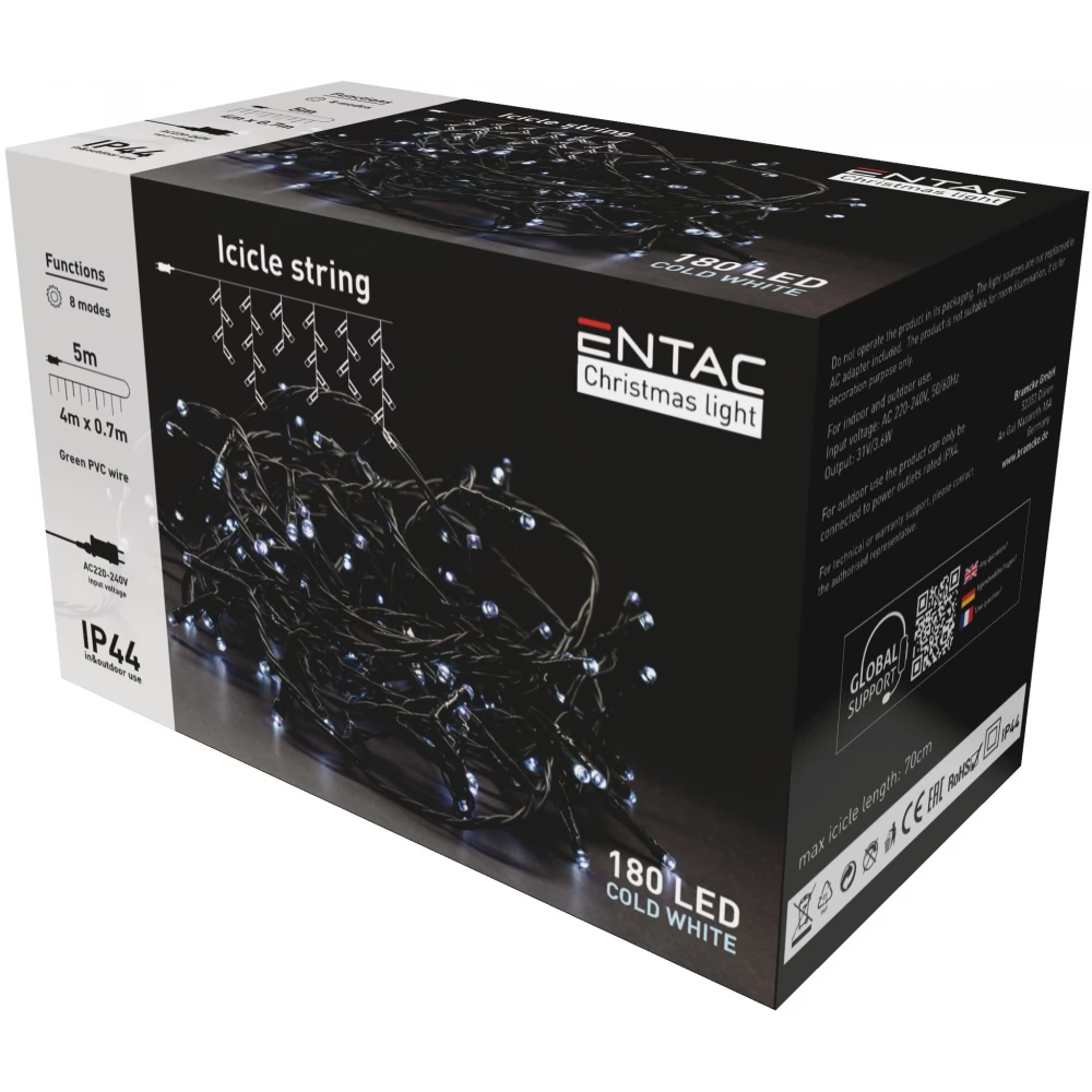 ENTAC ECL-I180CW Karácsonyi IP44 180 LED Jégcsapfüzér CW 4m