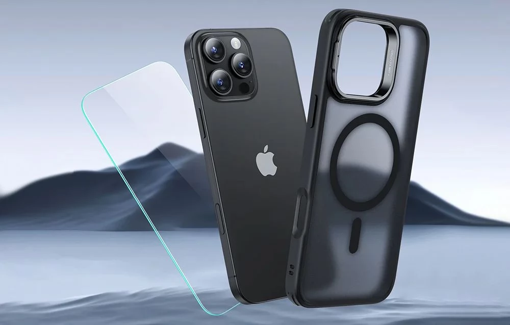 ESR Hybrid HaloLock hátlaptok kitámasztóval + képernyővédő Apple iPhone 16 Pro fekete