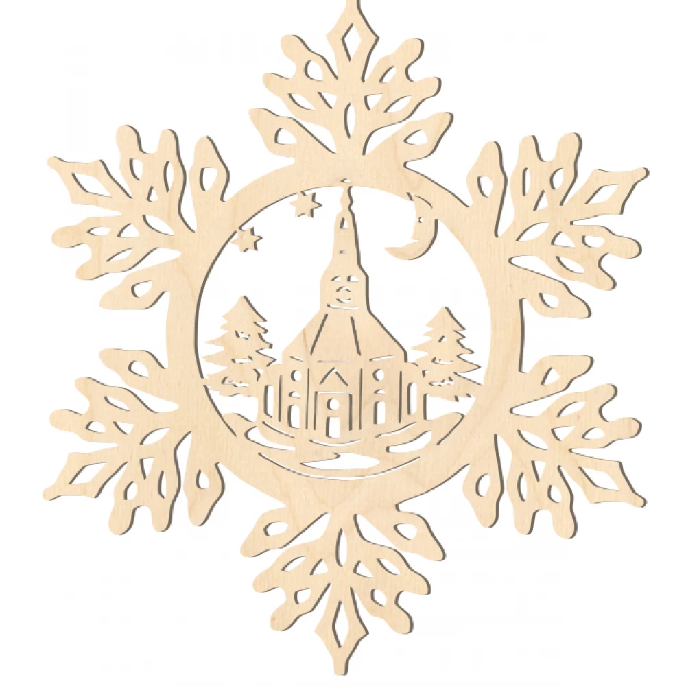 Fa karácsonyfadísz – Hópehely templommal 5db