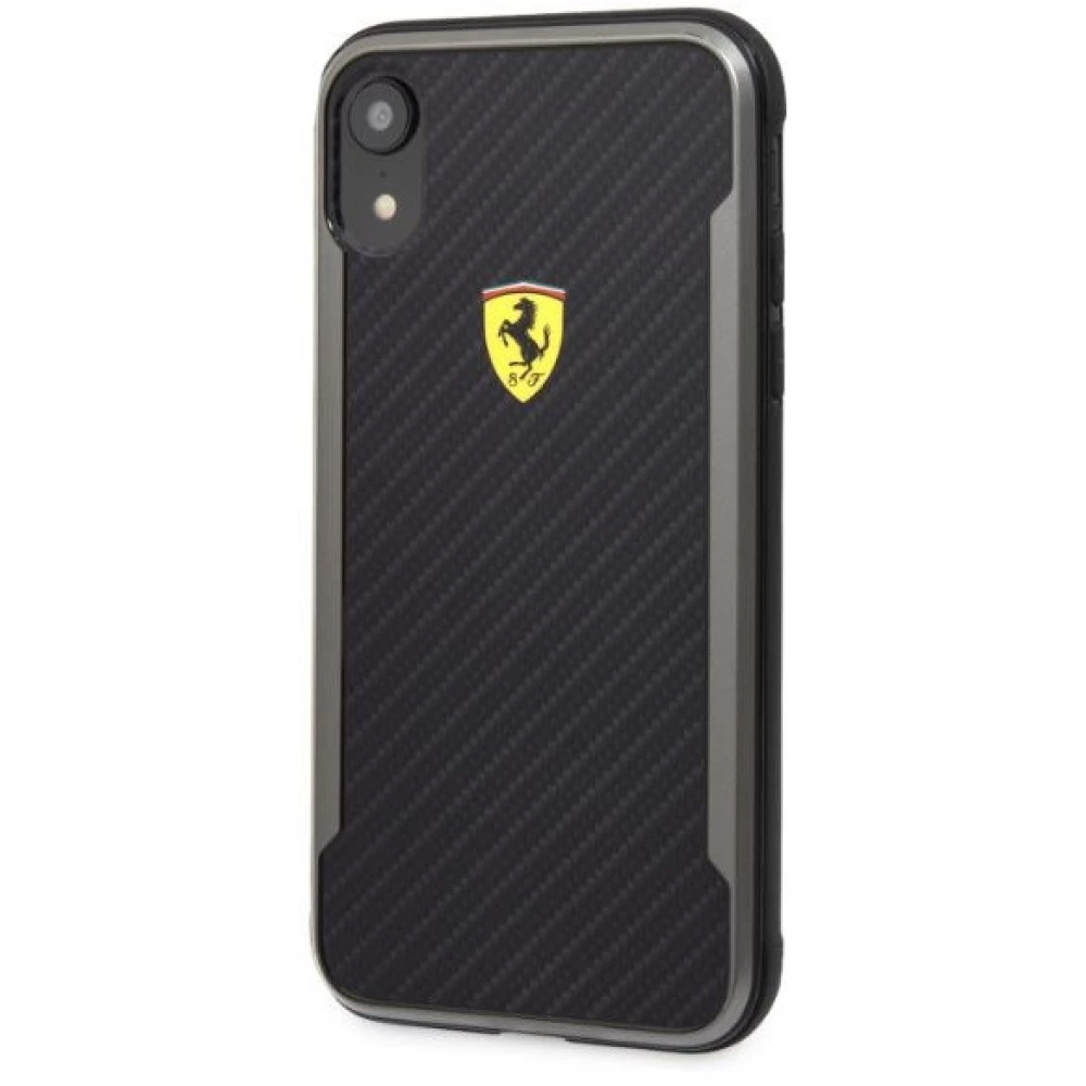 FERRARI Racing Shield nyomott karbon hatású tok iPhone XR fekete