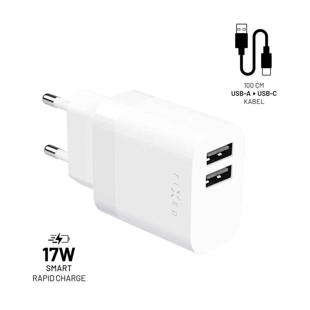 FIXED Dual USB Travel Charger + USB/USB-C Cable 17W fehér