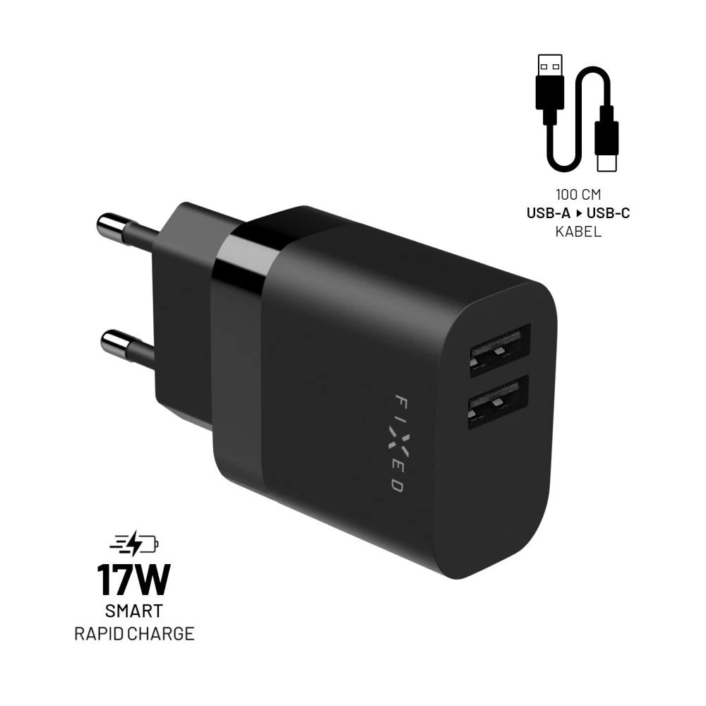 FIXED Dual USB Travel Charger + USB/USB-C Cable 17W fekete