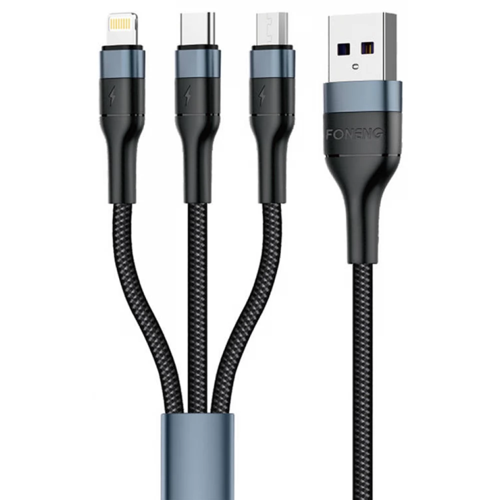 FONENG USB Lightning + Micro USB + USB Type C Átalakító Fekete 1m 6970462515579
