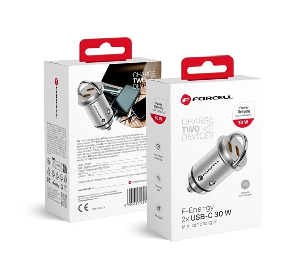 FORCELL F-energy Mini autós töltő 2 x Type C PD30W csatlakozóval ezüst