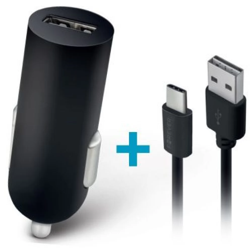 FOREVER MOBILE Autós töltő M02 2A + USB-C kábel fekete