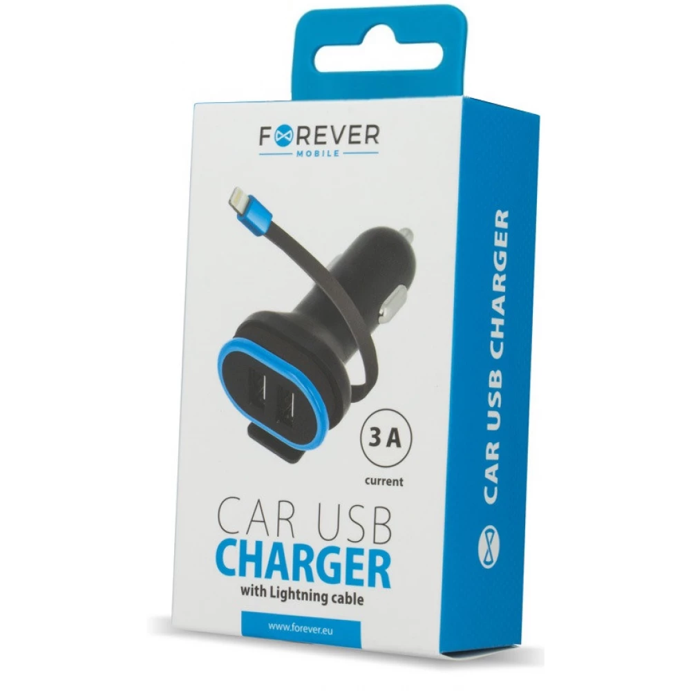 FOREVER MOBILE Car Charger CC-02 2xUSB 3A iPhone 8-pin kábellel