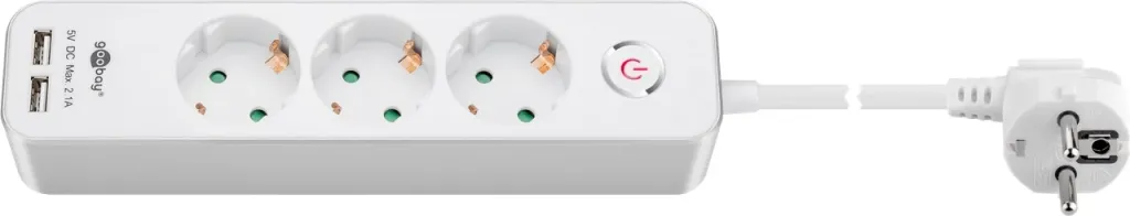 GOOBAY 41264 Hálózati 3 aljzat elosztó 2x USB 1.5m fehér kapcsolós