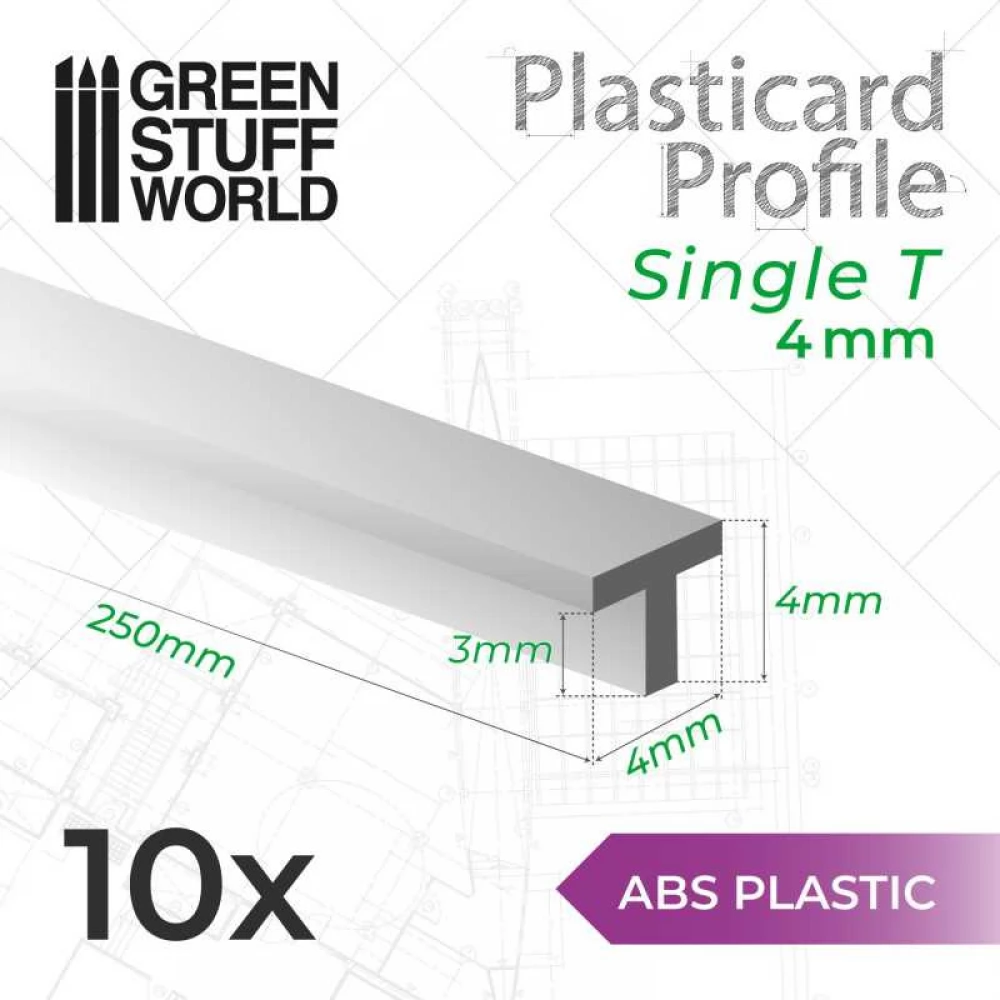 GREEN STUFF WORLD ABS Plasticard - Profile SINGLE-T műanyag T alakú műanyag lap 250x4x4mm 10 darabos szett