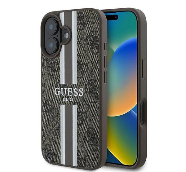 GUESS 4G Printed Stripes MagSafe Apple iPhone 16 Plus hátlap tok barna GUHMP16MP4RPSW