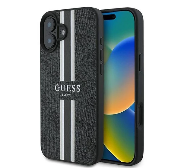 GUESS 4G Printed Stripes MagSafe Apple iPhone 16 Plus hátlap tok fekete/barna GUHMP16MP4RPSK