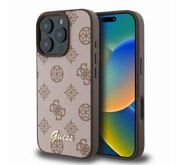 GUESS Peony Script Apple iPhone 16 Pro MagSafe kompatibilis hátlap tok barna GUHMP16LPGPYSW
