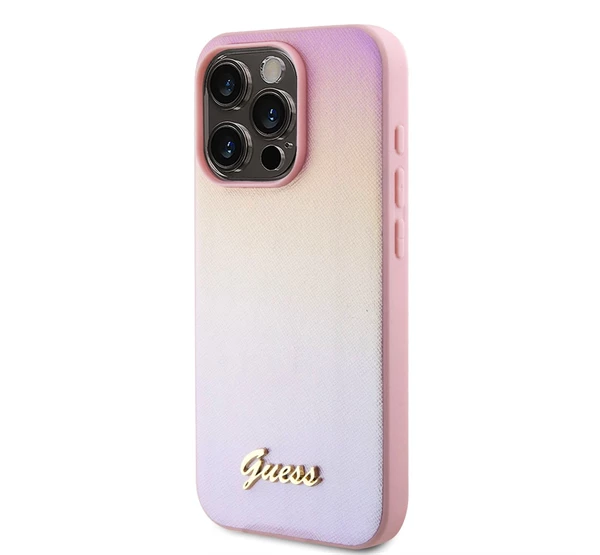 GUESS PU Leather Iridescent Metal Script iPhone 15 Pro Max tok rózsaszín