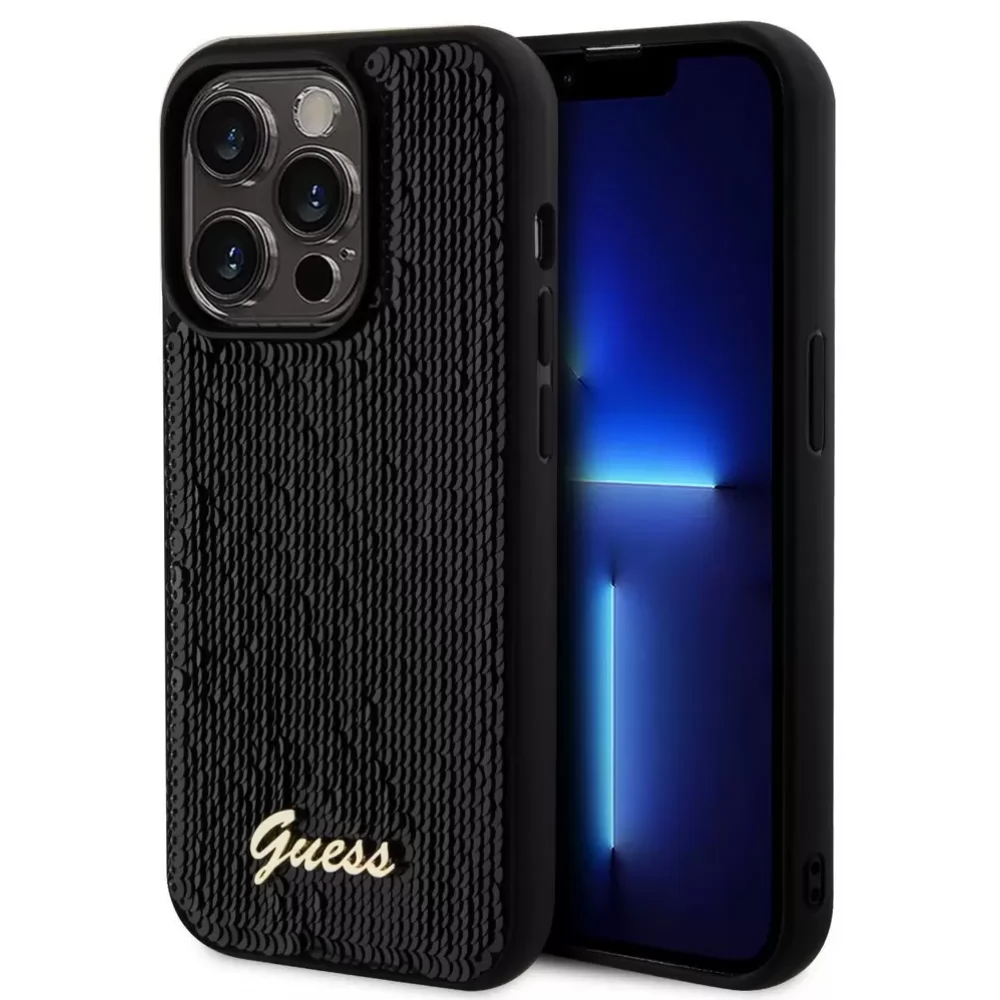 GUESS Sequin Script Logo hátlaptok iPhone 14 Pro Max fekete