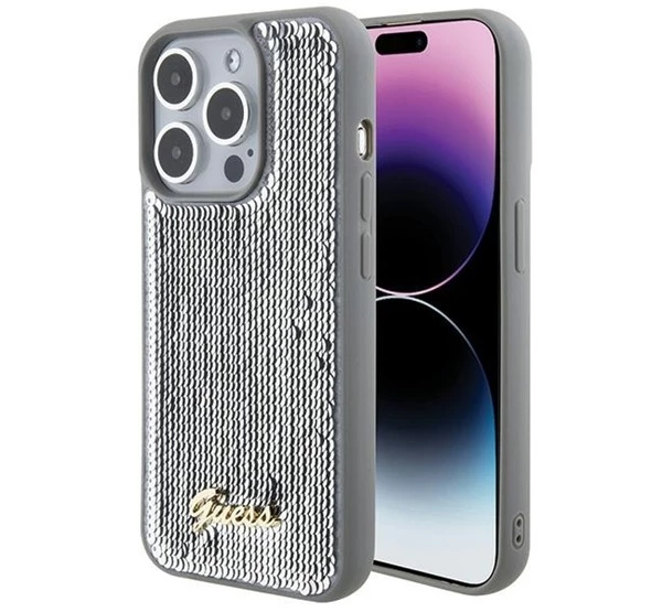 GUESS Sequin Script Metal Apple iPhone 15 Pro hátlap tok ezüst