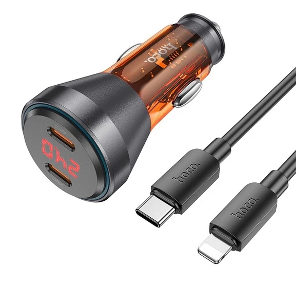 HOCO autós töltő 2 x Type-C QC 30W digitális kijelzővel Type-C kábellel (Lightning PD60W) átlátszó narancssárga