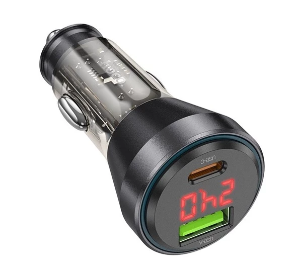HOCO NZ12B autós töltő USB QC 18W + Type-C 30W digitális kijelzővel Type-C kábellel (Lightning PD48W) átlátszó/fekete