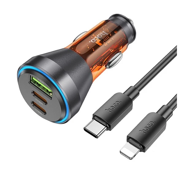 HOCO NZ12D autós töltő USB QC 18W + 2 x Type-C 30W + Type C - Lightning kábel (PD60W) átlátszó / narancssárga