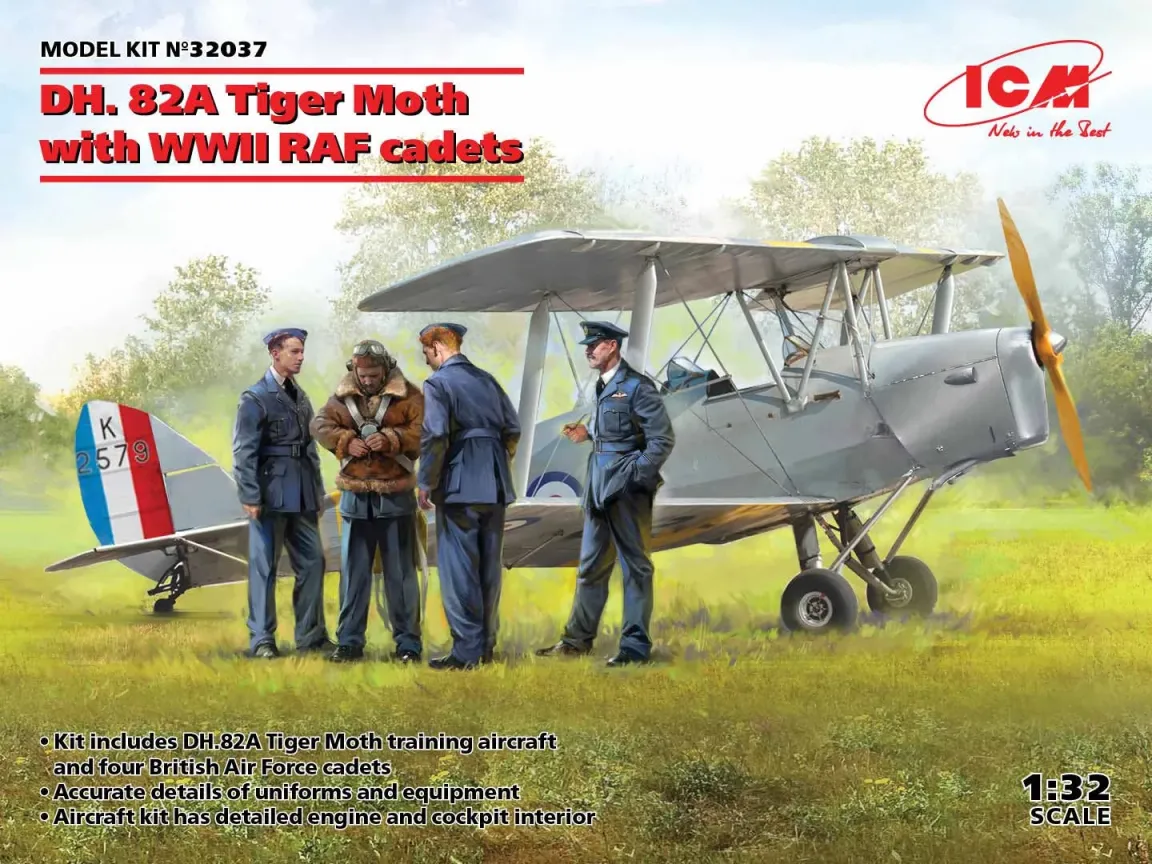 ICM 1/32 DH. 82A Tiger Moth repülőgép modell második világháborús RAF kadét figurákkal