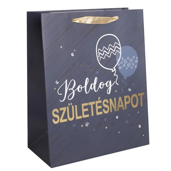 IRIS Boldog Születésnapot papírtasak matt 18x23 cm sötét kék-arany