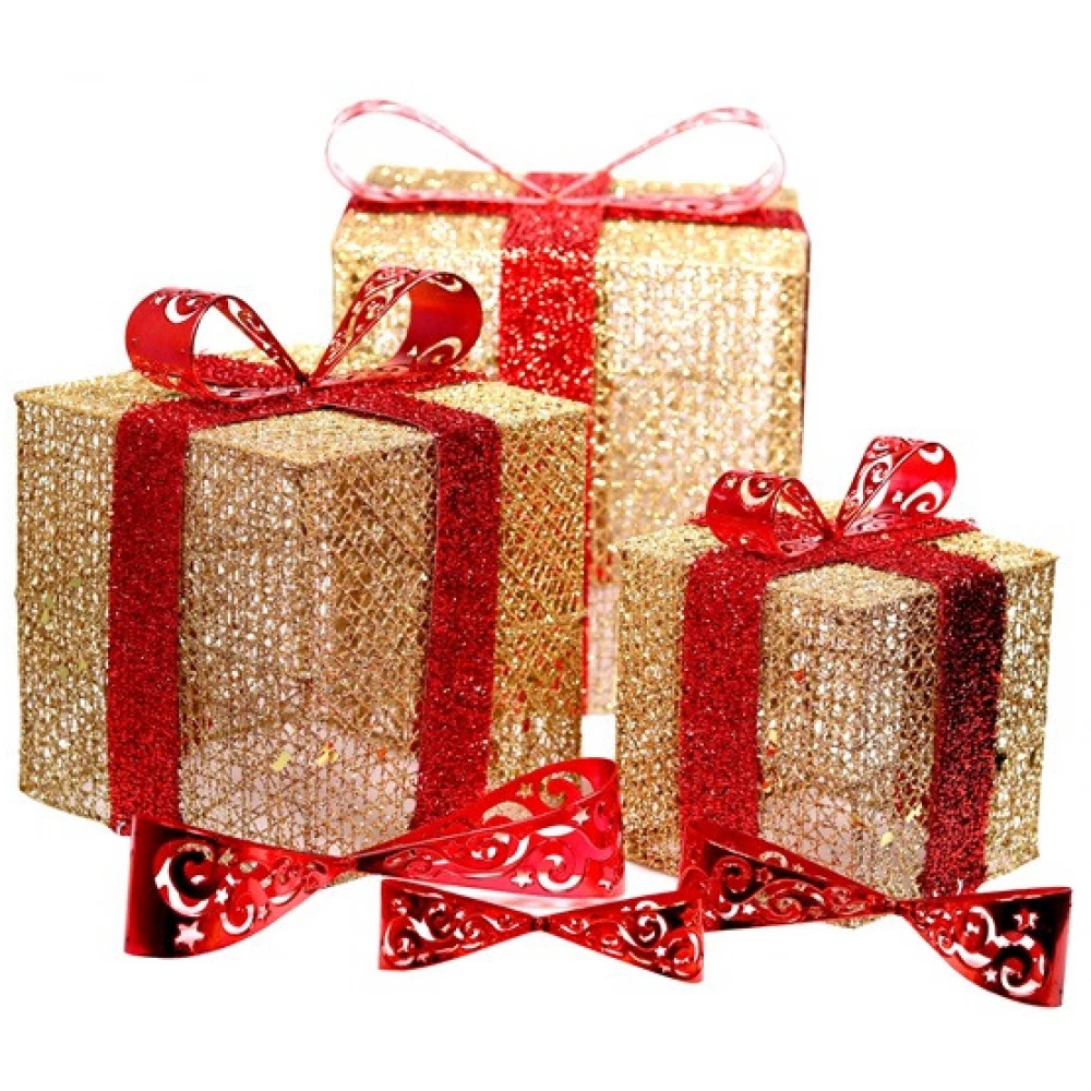 IRIS Doboz alakú /1db 20cm 1db 25cm 1db 30cm/ arany-piros fémdoboz műanyag masnival dekor szett