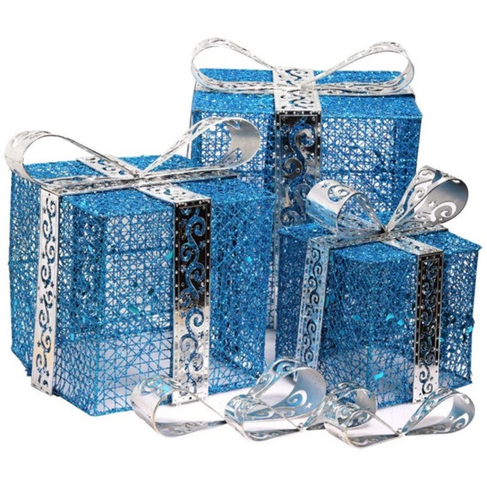 IRIS Doboz alakú /1db 20cm 1db 25cm 1db 30cm/ kék-ezüst fémdoboz műanyag masnival dekor szett