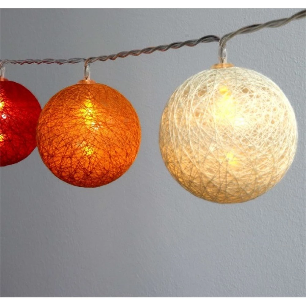 IRIS Gömb alakú 6cm/színes fonott/1.5m/piros-narancs-meleg fehér/10db LED-es/USB-s fénydekoráció