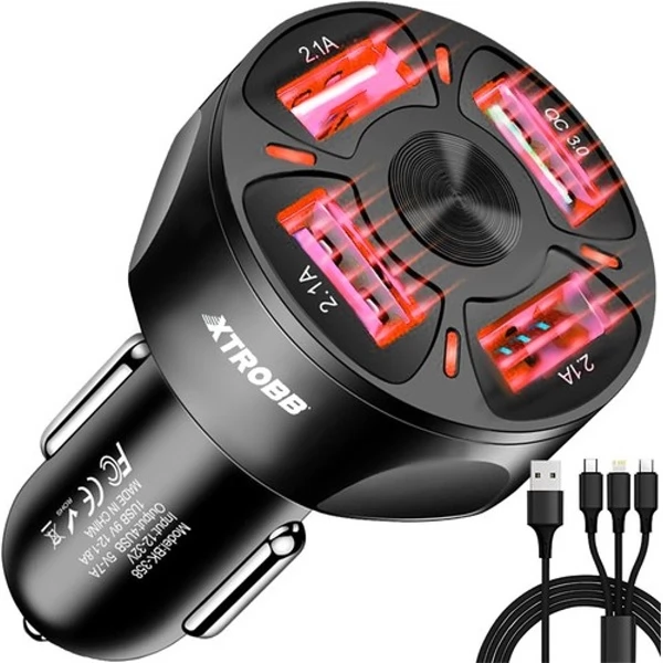 Isoxis Autós töltő 4xUSB + USb-micro USB-lightning kábel fekete