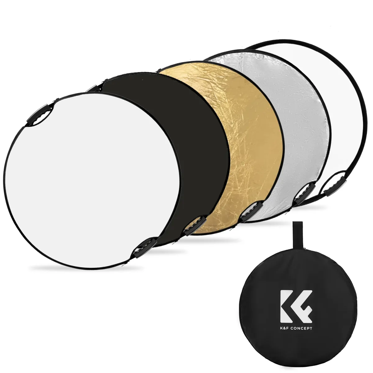 K-F CONCEPT 5in1 derítőlap reflektor fogantyúval 110cm (feher/fekete/arany/ezüst/átlátszó) + hordtáska