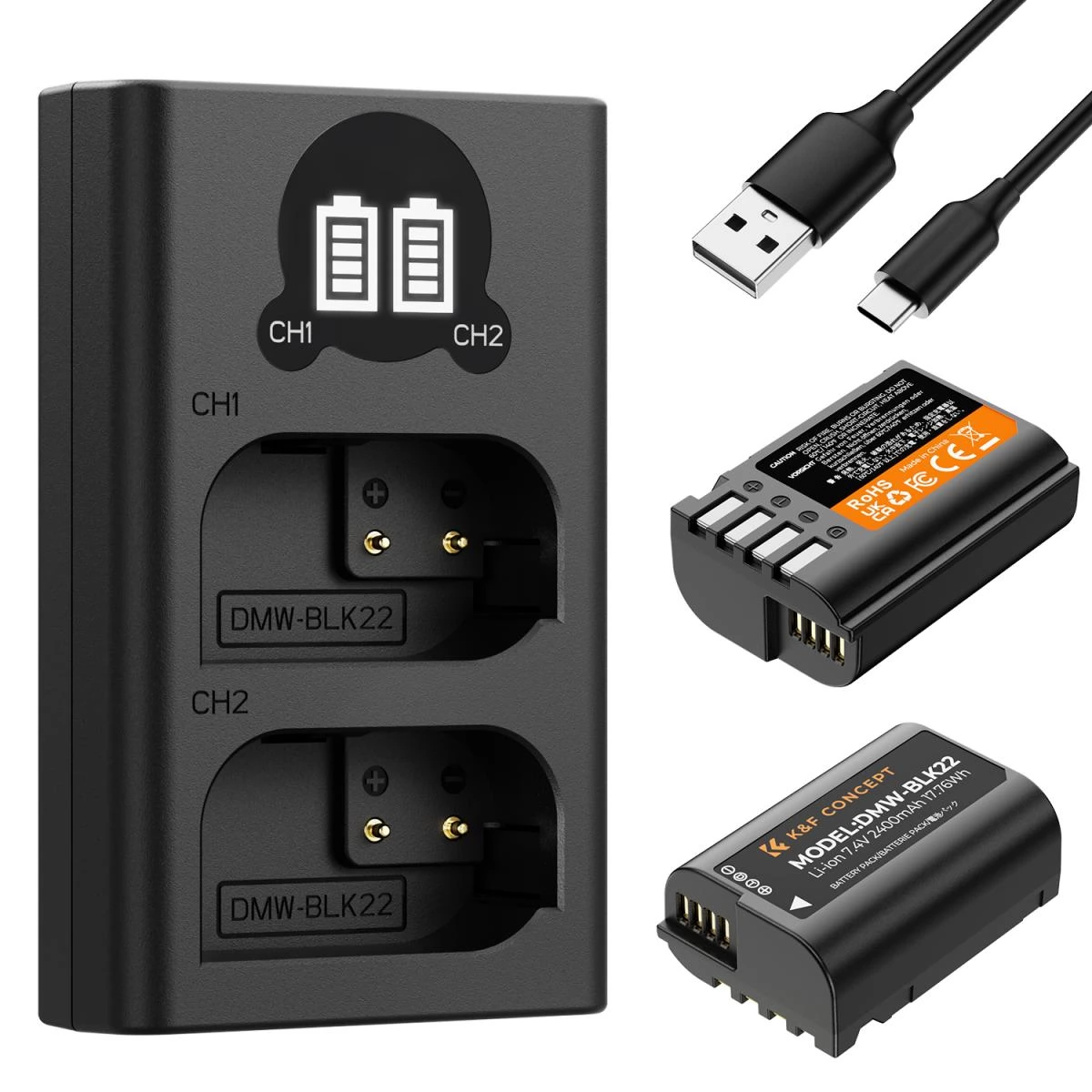 K-F CONCEPT DMW-BLK22 töltő + 2db DMW-BLK22 akkumulátor 2400mAh