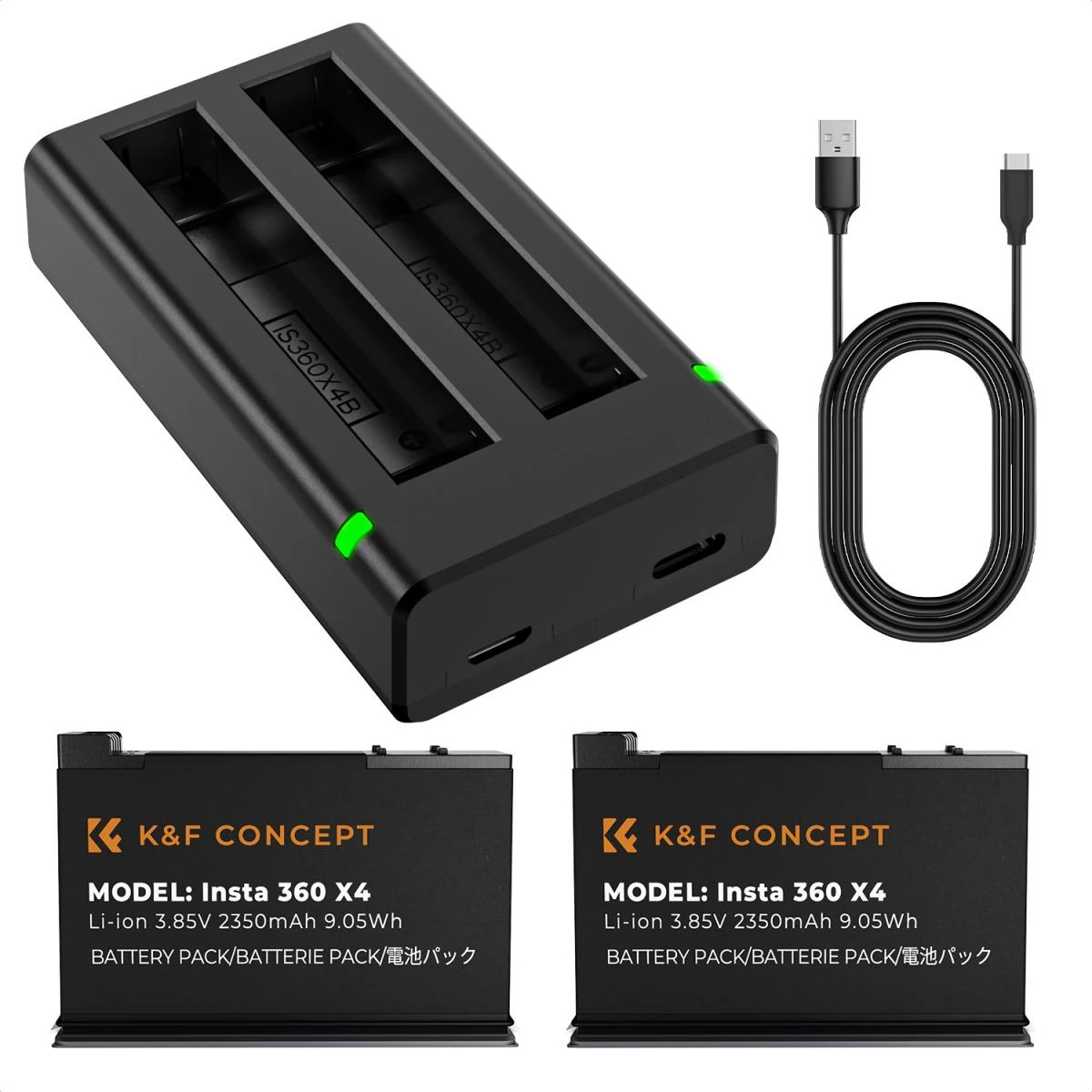 K-F CONCEPT Hordozható dupla USB-C akkumulátor töltő + 2db Insta 360 X4 akkumulátor 2350mAh
