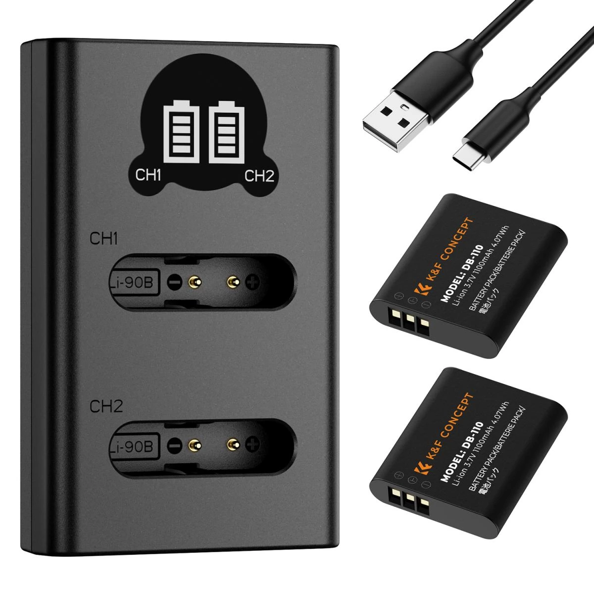 K-F CONCEPT Hordozható dupla USB-C akkumulátor töltő BJ-11 + 2db DB-110 akkumulátor 1100mAh
