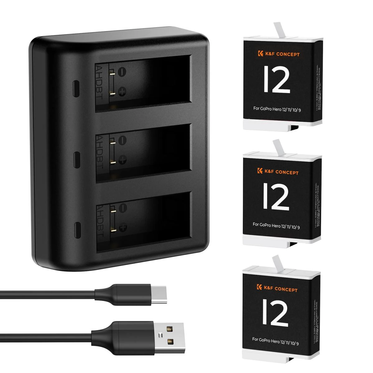 K-F CONCEPT Hordozható tripla USB-C akkumulátor töltő +3db GoPro Hero 12/11/10/9 akkumulátor 1730mAh