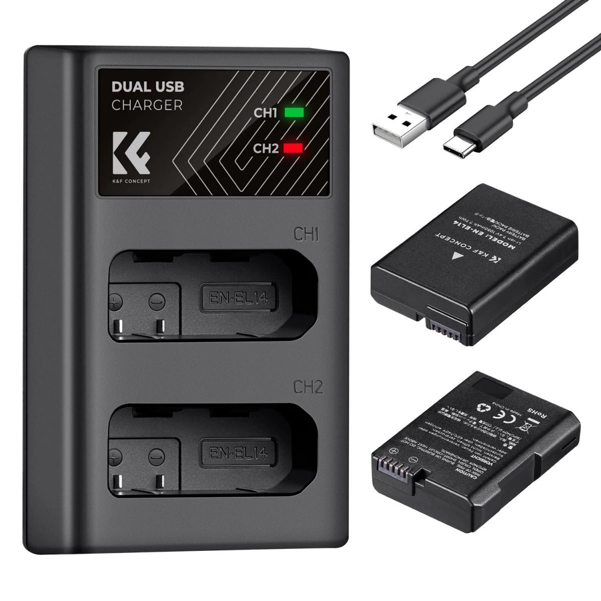 K-F CONCEPT MH-24 töltő + 2db EN-EL14 akkumulátor 1050mAh