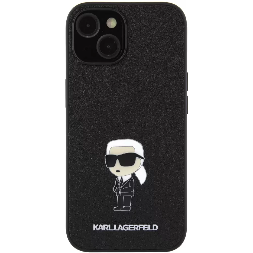 KARL LAGERFELD Fixed Glitter hátlaptok iPhone 15 metal ikonik fekete