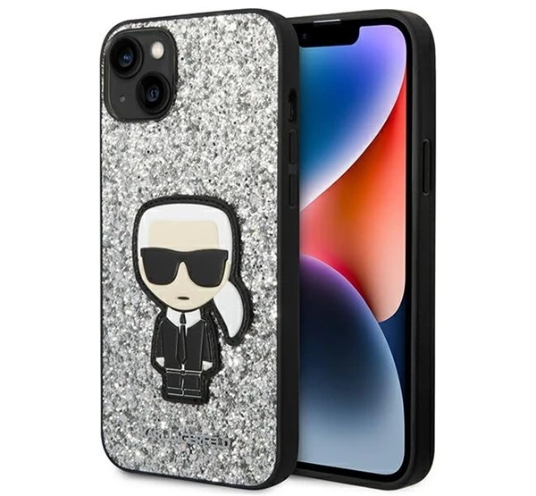 Karl Lagerfeld Glitter Flakes Ikonik Apple iPhone 14 Plus hátlap tok ezüst