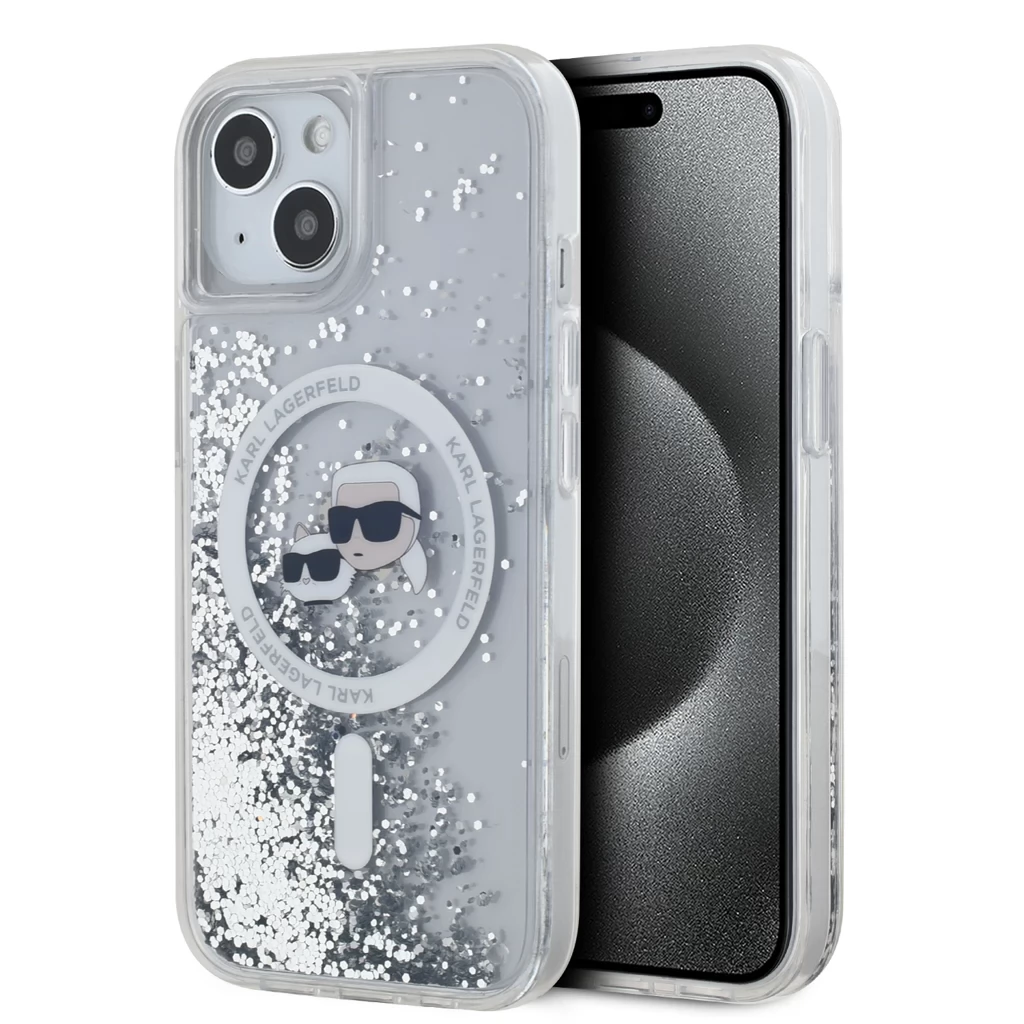 KARL LAGERFELD Liquid Glitter MagSafe hátlaptok Karl and Choupette iPhone 15 átlátszó