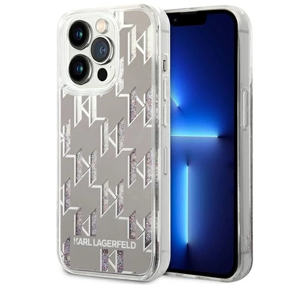 Karl Lagerfeld Liquid Glitter Monogram Apple iPhone 14 Pro hátlap tok ezüst