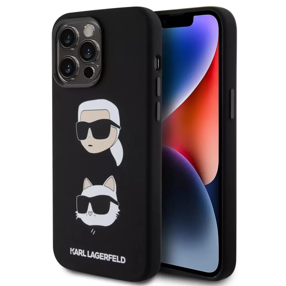 KARL LAGERFELD Liquid Silicone hátlaptok iPhone 15 Pro Max Karl and Choupette fej fekete