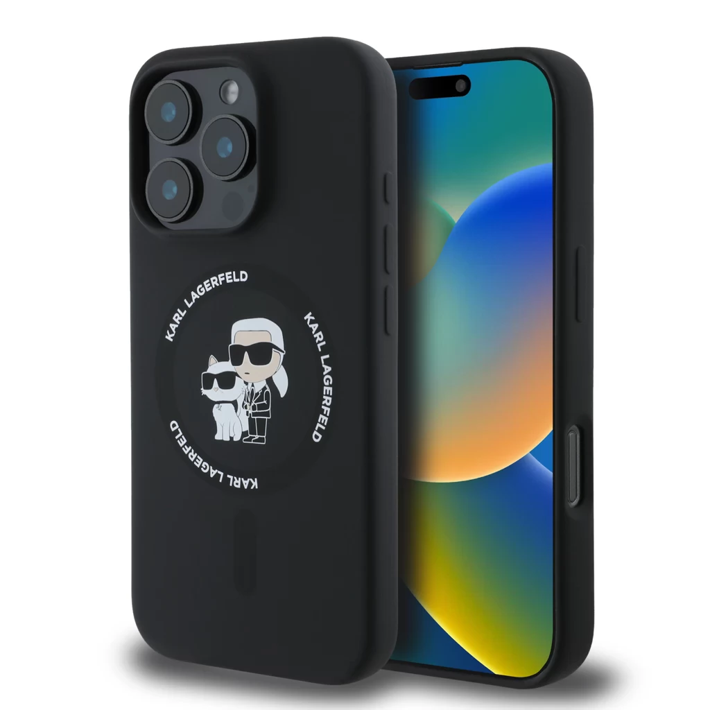 KARL LAGERFELD Liquid Silicone MagSafe tok iPhone 16 Pro Karl and Choupette fekete