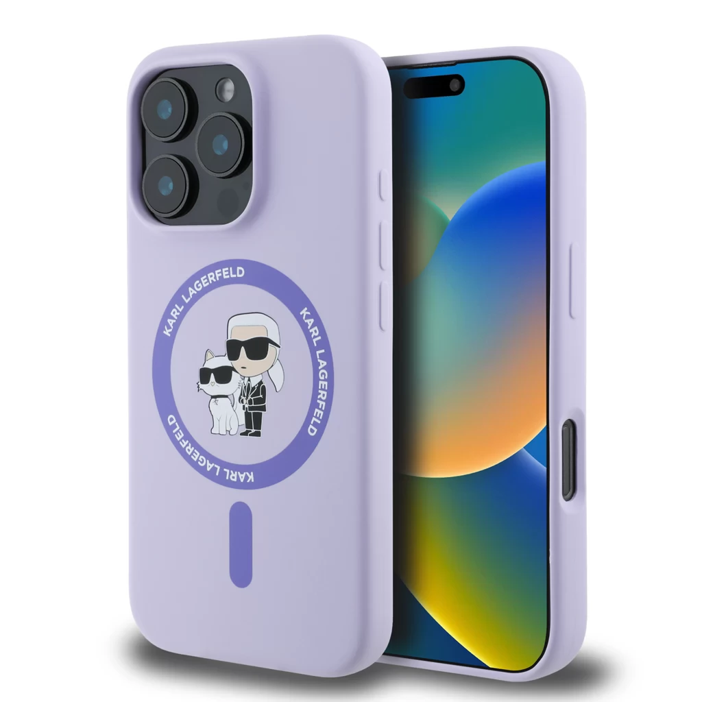KARL LAGERFELD Liquid Silicone MagSafe tok iPhone 16 Pro Max Karl and Choupette lila