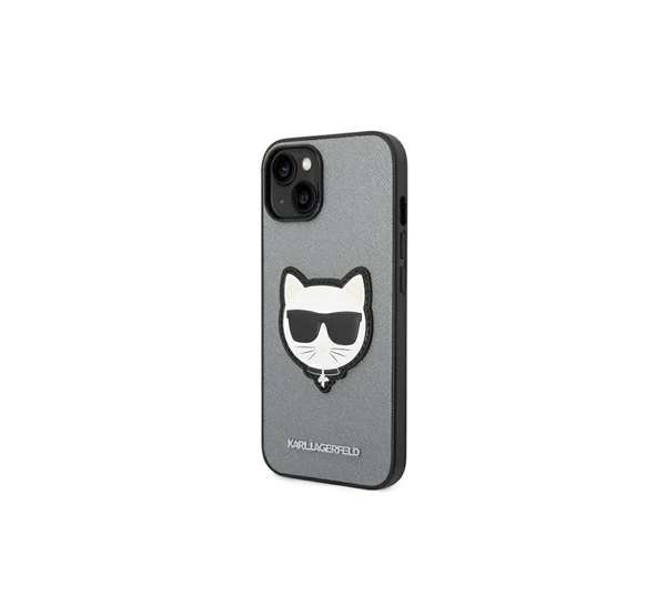 Karl Lagerfeld Saffiano Choupette Head Patch Apple iPhone 14 Plus hátlap tok ezüst